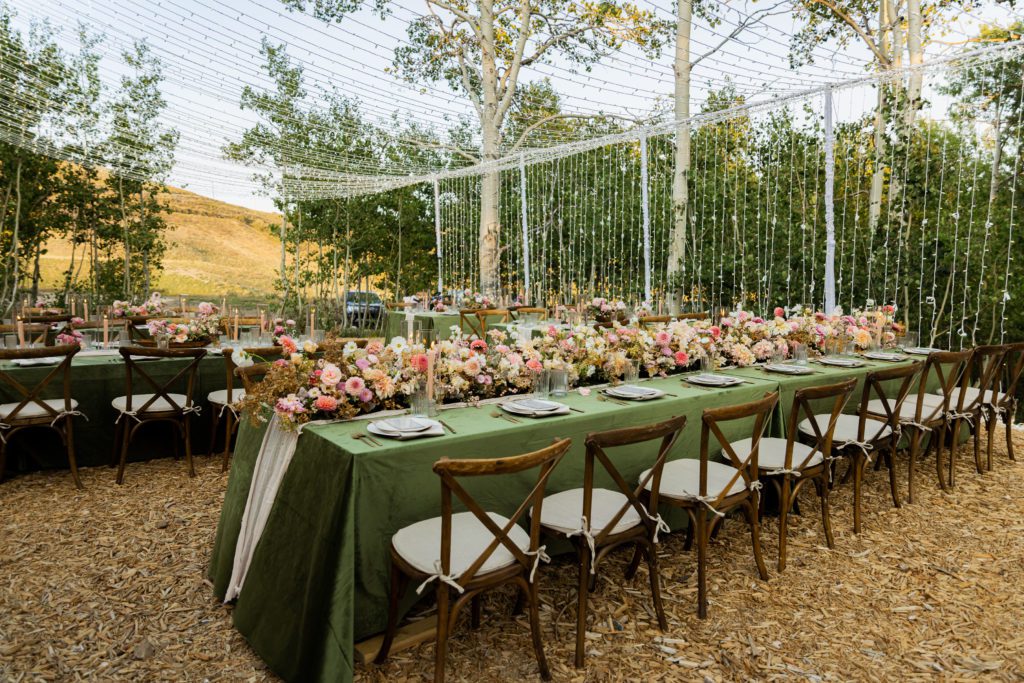 Unique summer wedding color palette tablescape reception setup