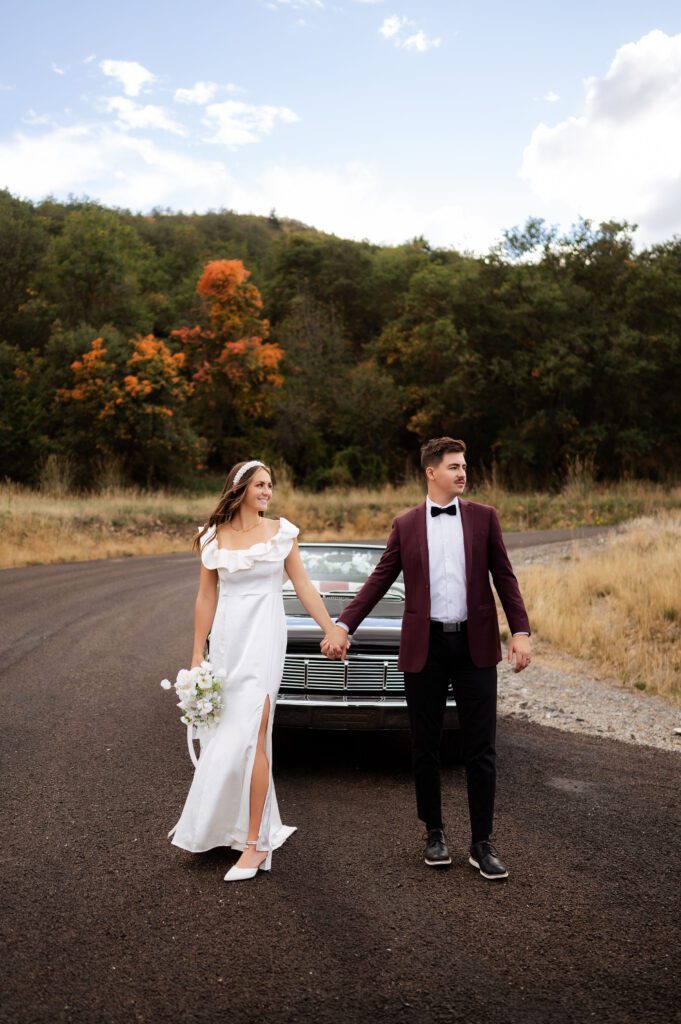 Fall wedding Dallas TX photographer, white bouquet, groom's burgundy suit, autumn locations