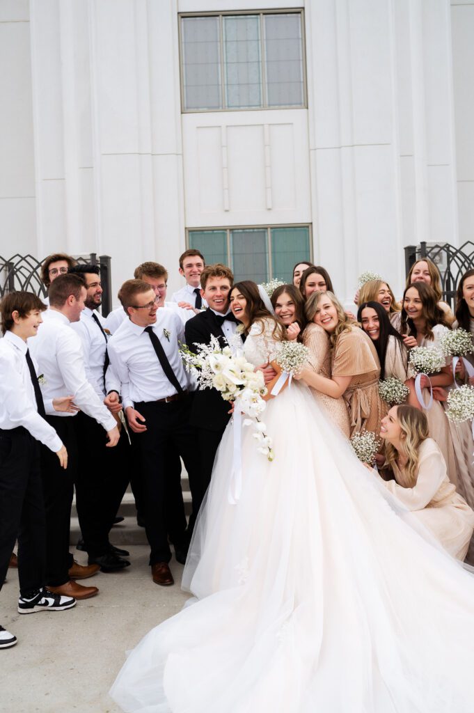 bridal party at lds temple winter classic fashion wedding