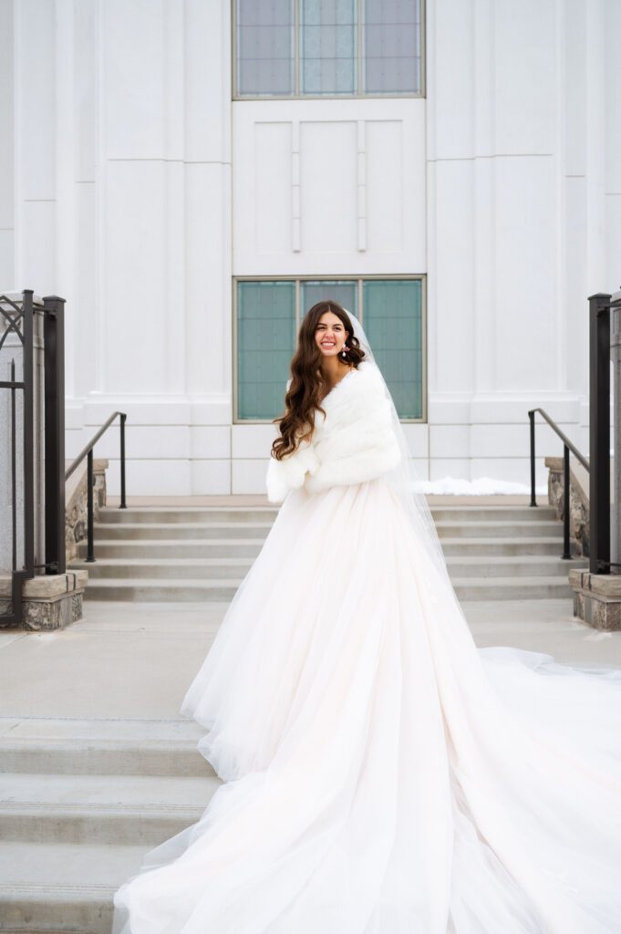 classic winter bride fashion portraits at her lds temple wedding