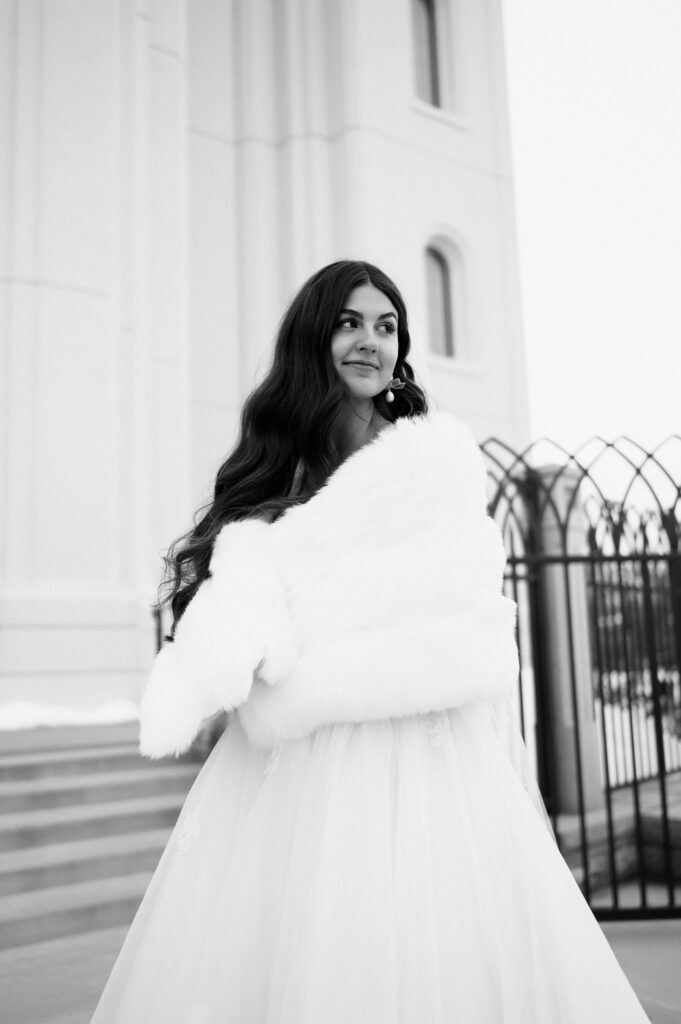 black and white bridal portraits at her lds temple wedding