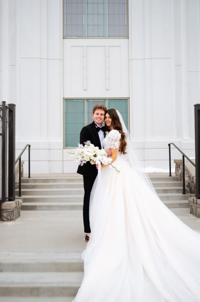 classic winter bride fashion portraits at her lds brigham city temple wedding