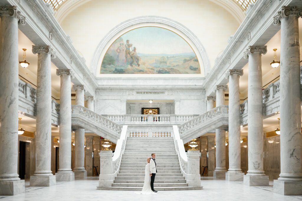 first look wedding session at the utah state capitol old money vibes