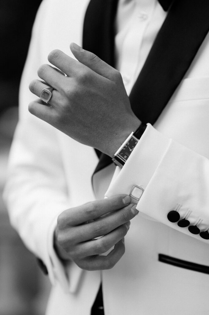 grooms fashionable wedding details watch and suit