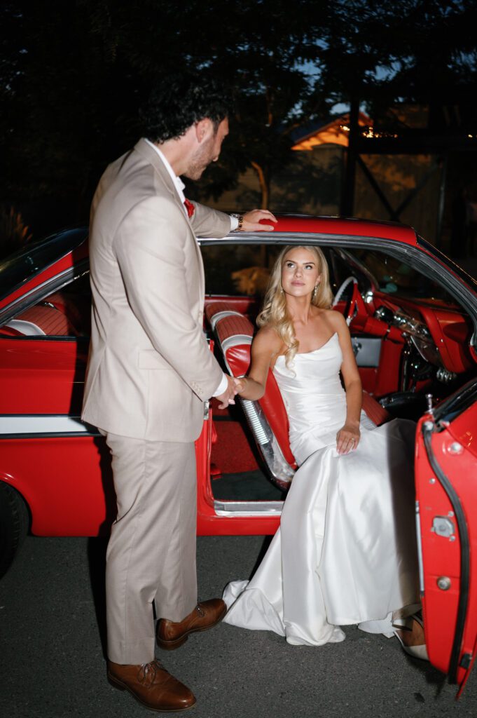 red classic car wedding exit ideas