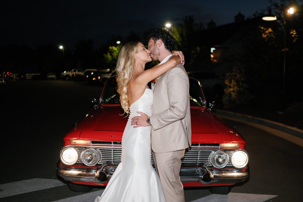 classic car wedding exit, editorial photoshoot, classy bride groom style