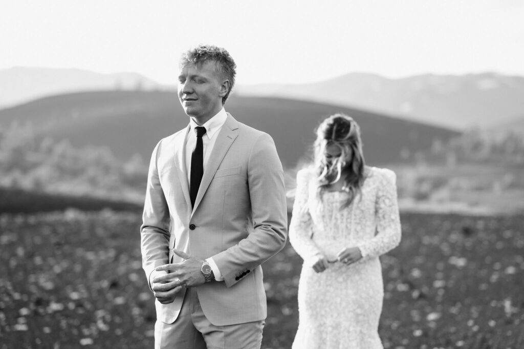 first look nerves, groom reaction to brides dress