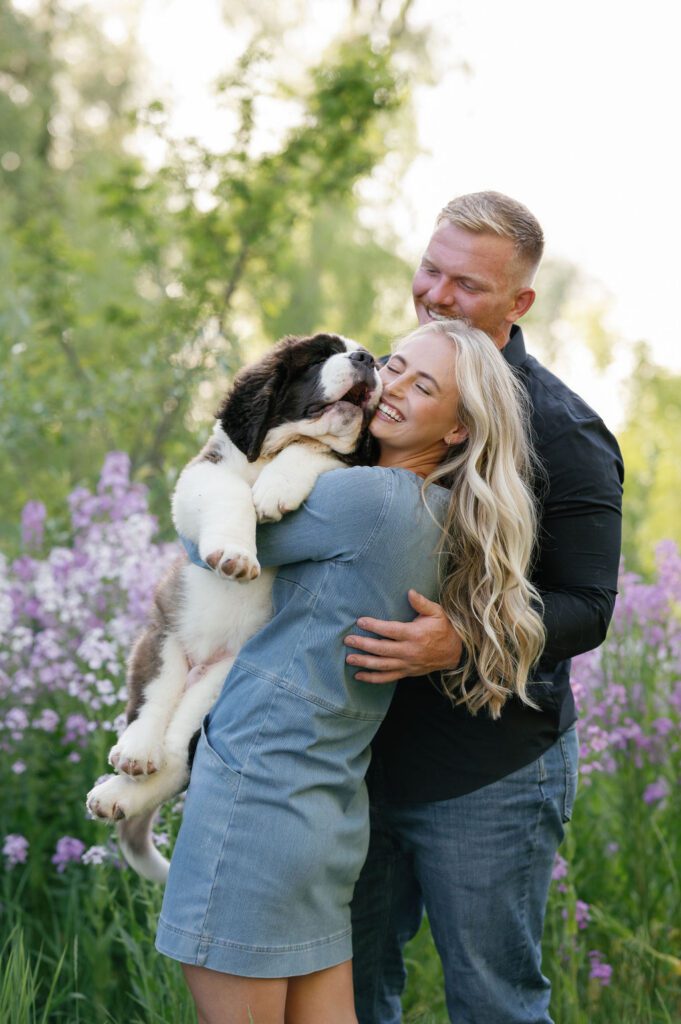 engagement photos with dog, wildflower photoshoot, park city wedding photographer