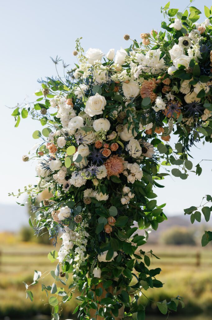 Close-up shot of floral details at river bottom Ranch wedding