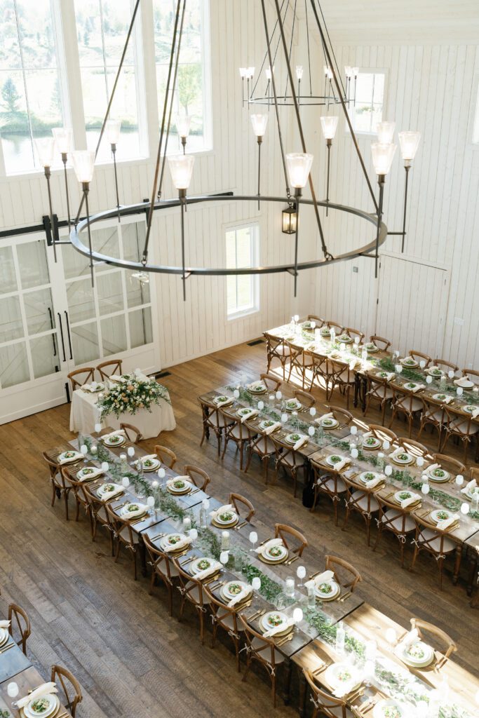 A birds eye view of the wedding reception space at river Bottoms Ranch wedding
