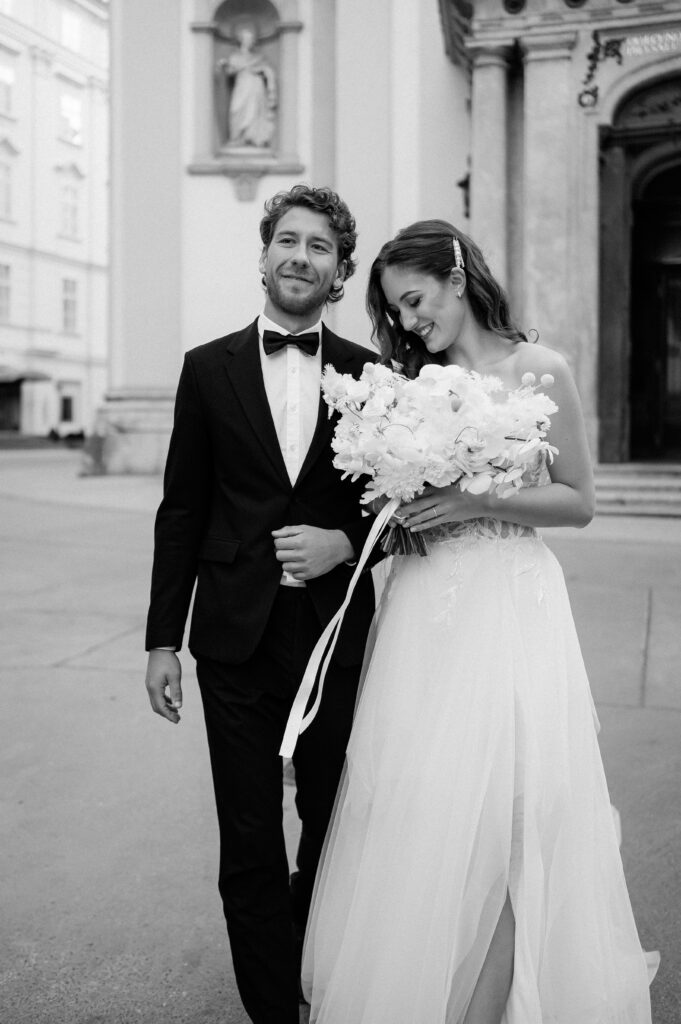 A black and white portrait of the bride and groom captured by Vienna wedding Photographer