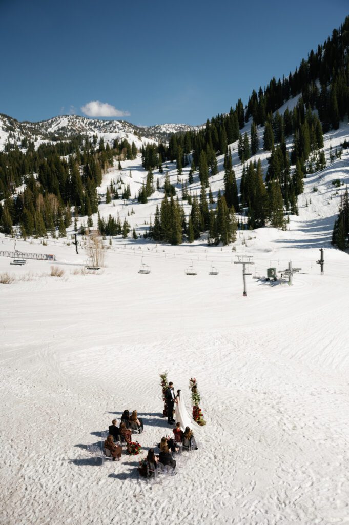 A Birds Eye view of outdoor winter wedding ceremony at Snowpine Lodge Park city